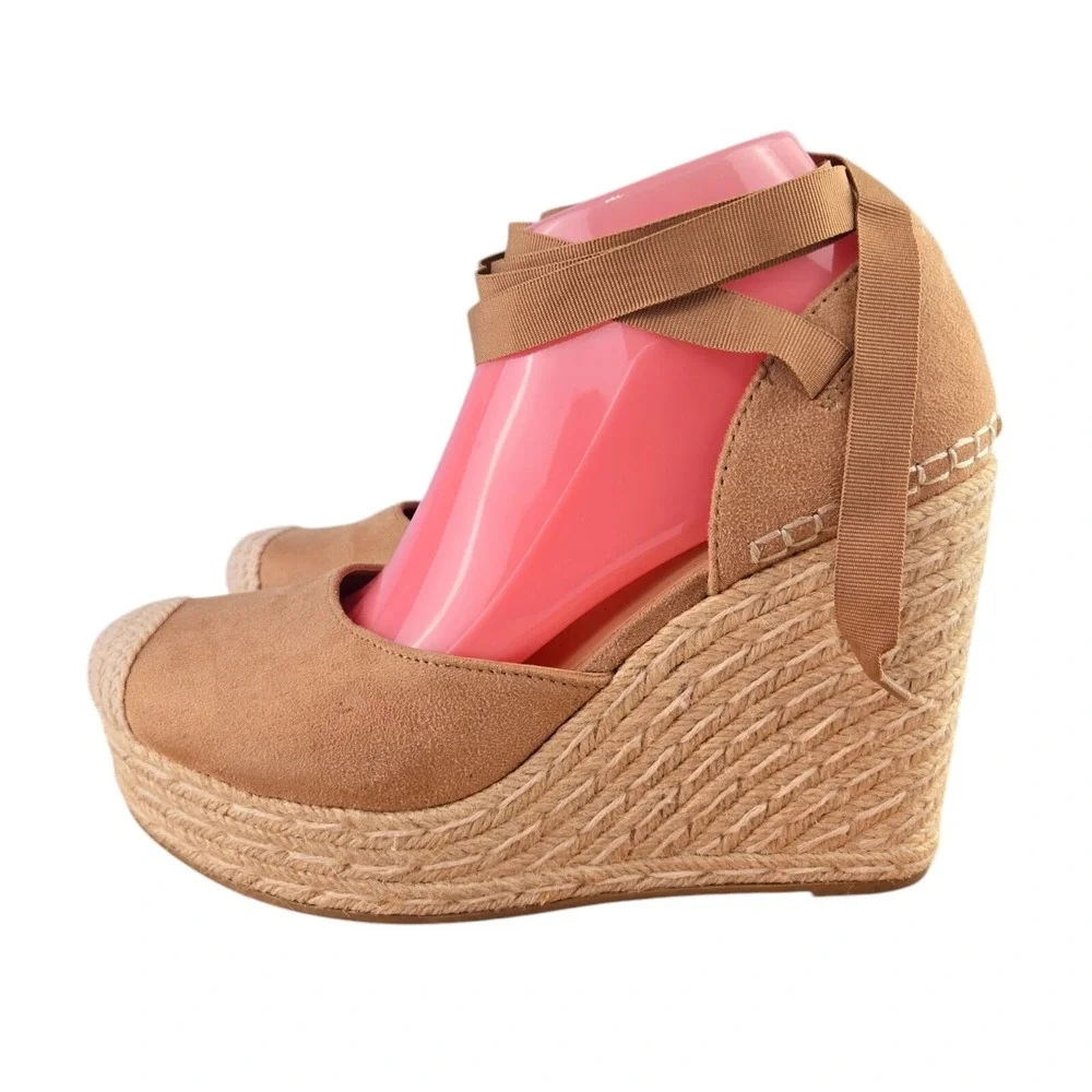 Soda Womens 9 Tan Faux Suede Ribbon Tie Espadrille Wedge Sandals